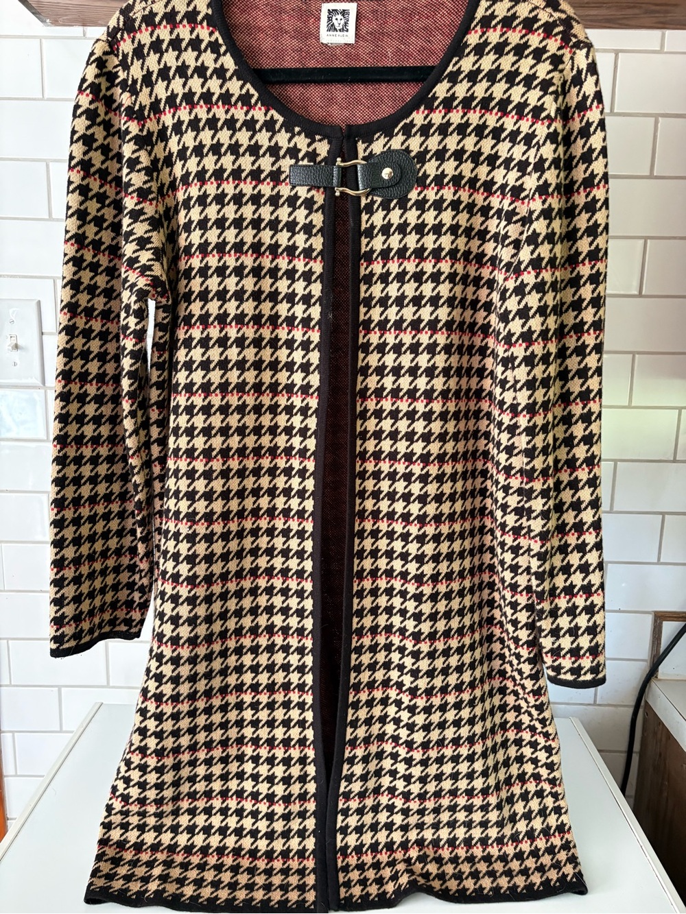 Anne Klein Black and Cream Houndstooth Buckle Cardigan with Red Detail